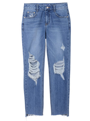 Raw Hem Destroyed Mid Rise Crop Jeans - StyleFav