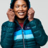 Women's Fuego Hooded Down Jacket Deep Ocean Stripes - Stylefav