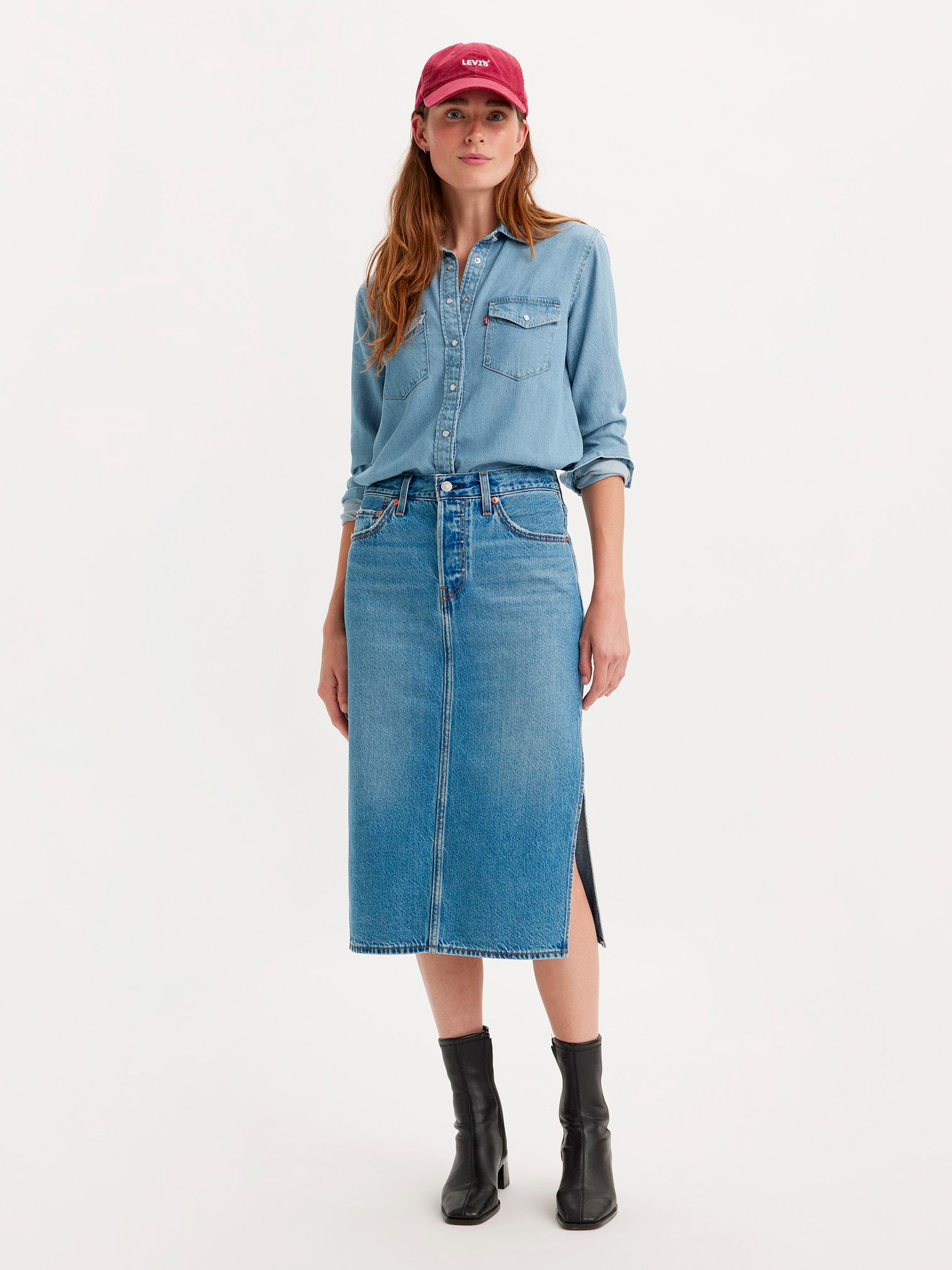 Artist Divided Side Slit Midi Denim Skirt - Stylefav
