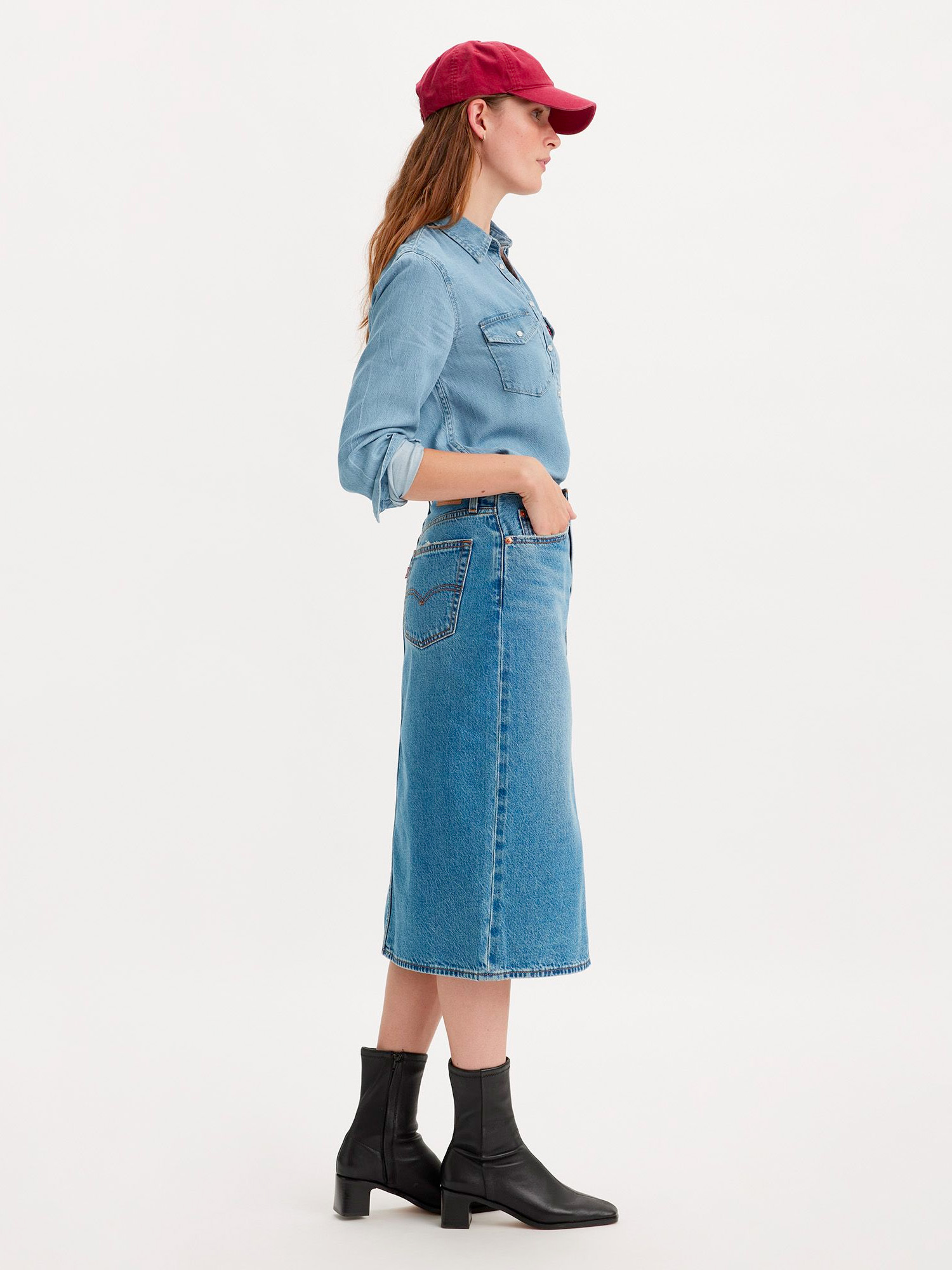 Artist Divided Side Slit Midi Denim Skirt - Stylefav