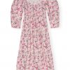 Orchid Smoke Printed Cotton Open-neck Smock Long Dress - Stylefav