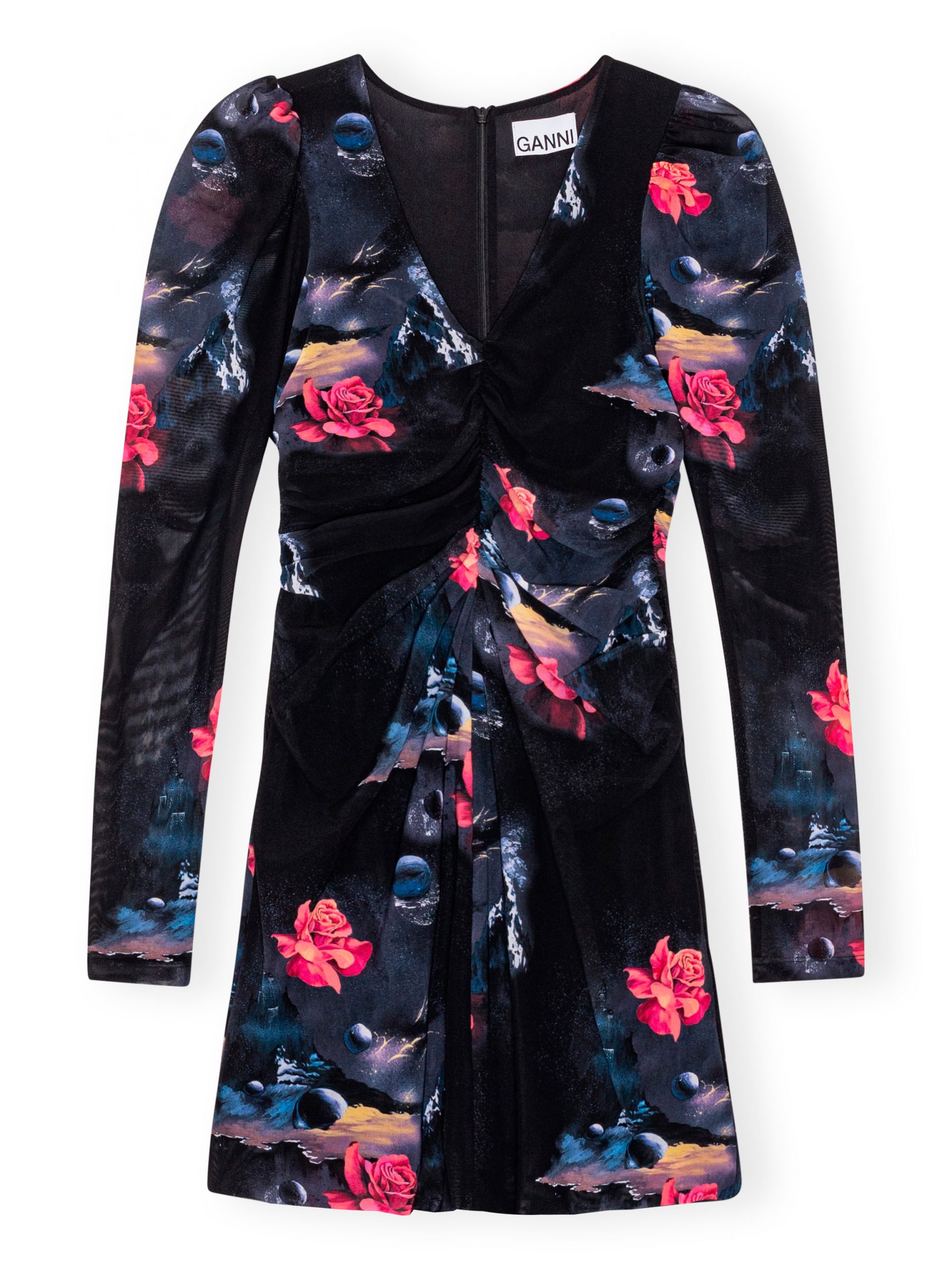 Printed Mesh Gathered Mini Dress - Stylefav