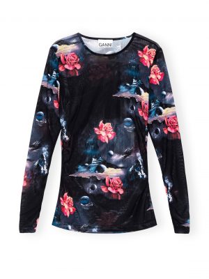 Black Printed Mesh Long Sleeve Gathered Blouse - Stylefav