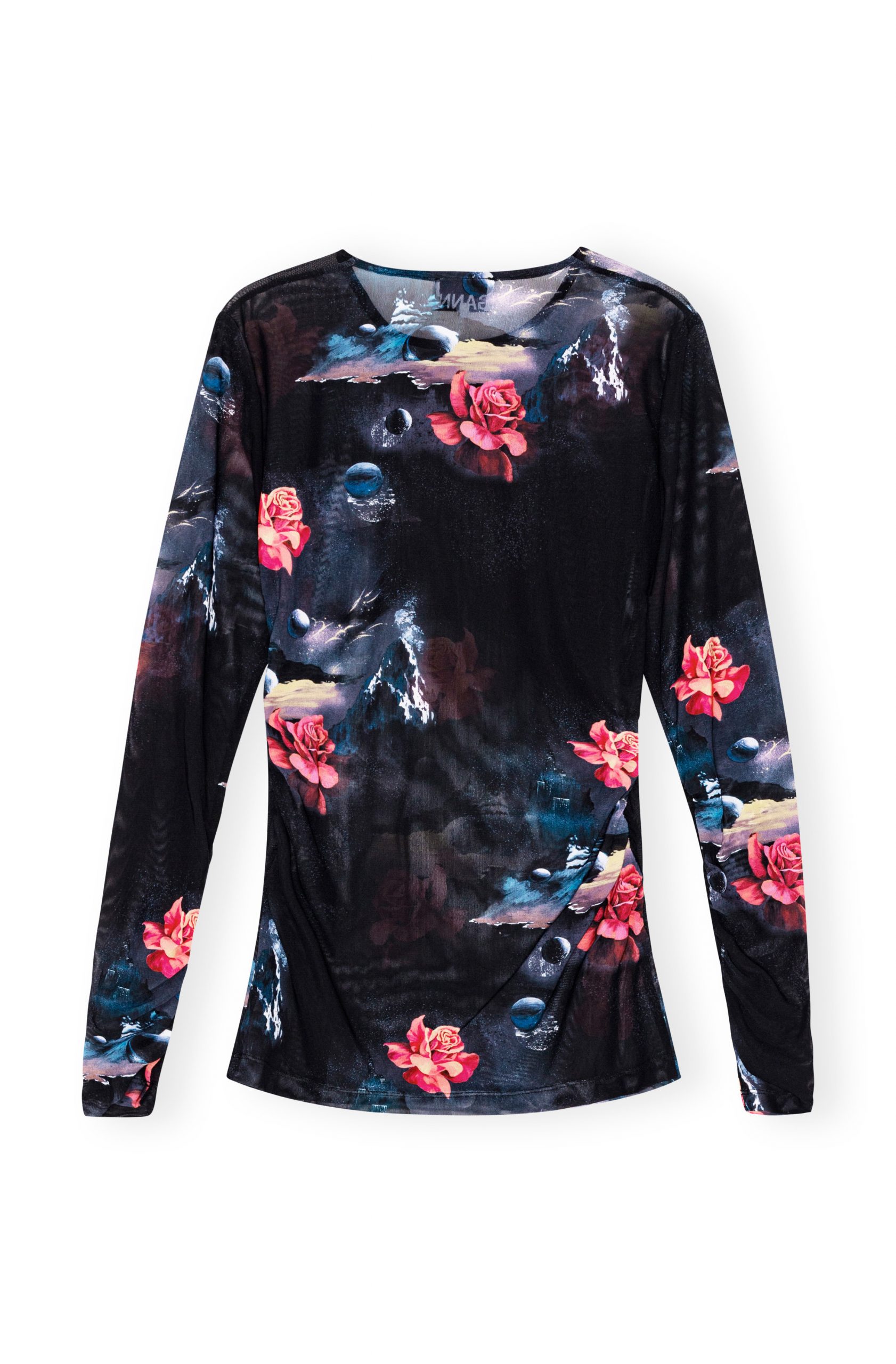 Black Printed Mesh Long Sleeve Gathered Blouse - Stylefav