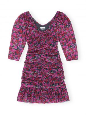 Fiji Flower Printed Mesh Flounce Ruched Mini Dress - Stylefav