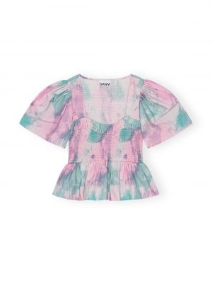 Printed Cotton Open-neck Smock Blouse - Stylefav