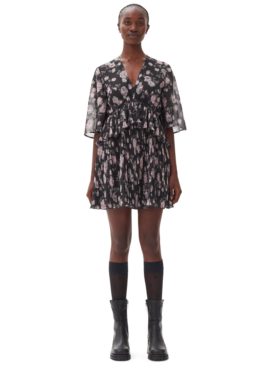 Pleated Georgette V-Neck Flounce Mini Dress - Stylefav