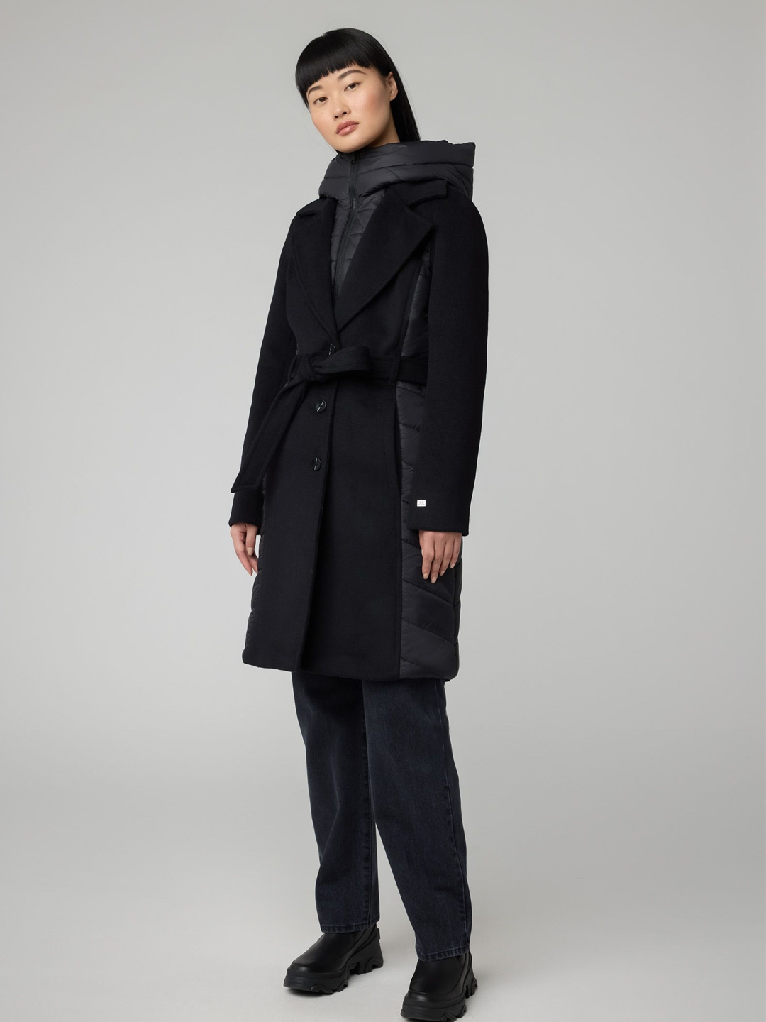 Black Adeline Mixed Media Wool Coat - Stylefav