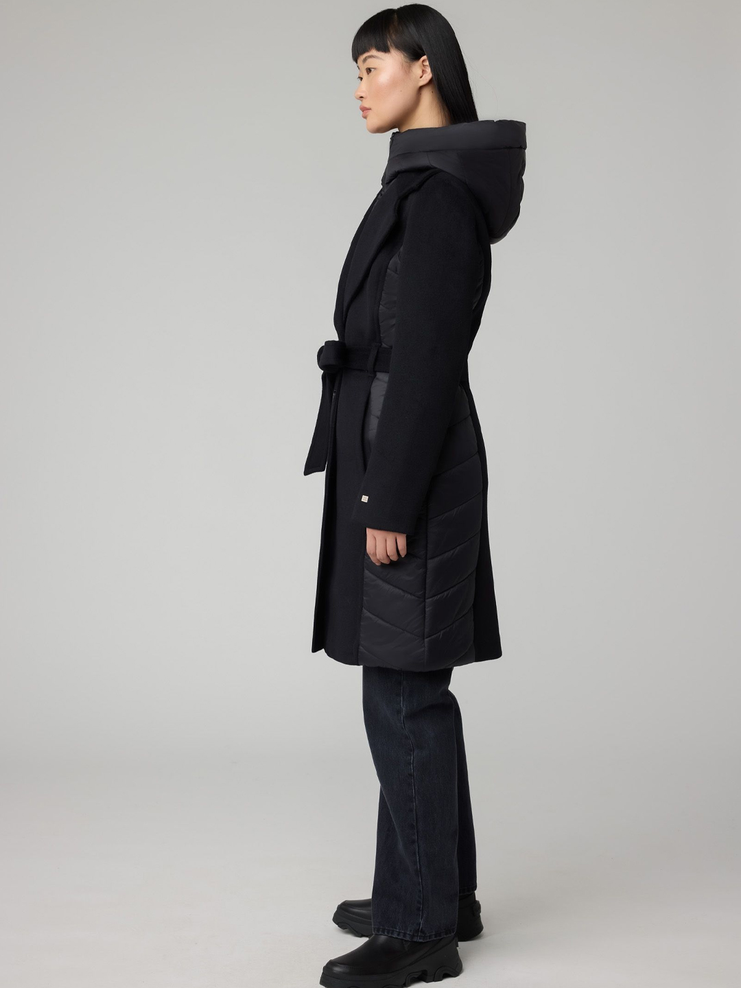 Black Adeline Mixed Media Wool Coat - Stylefav