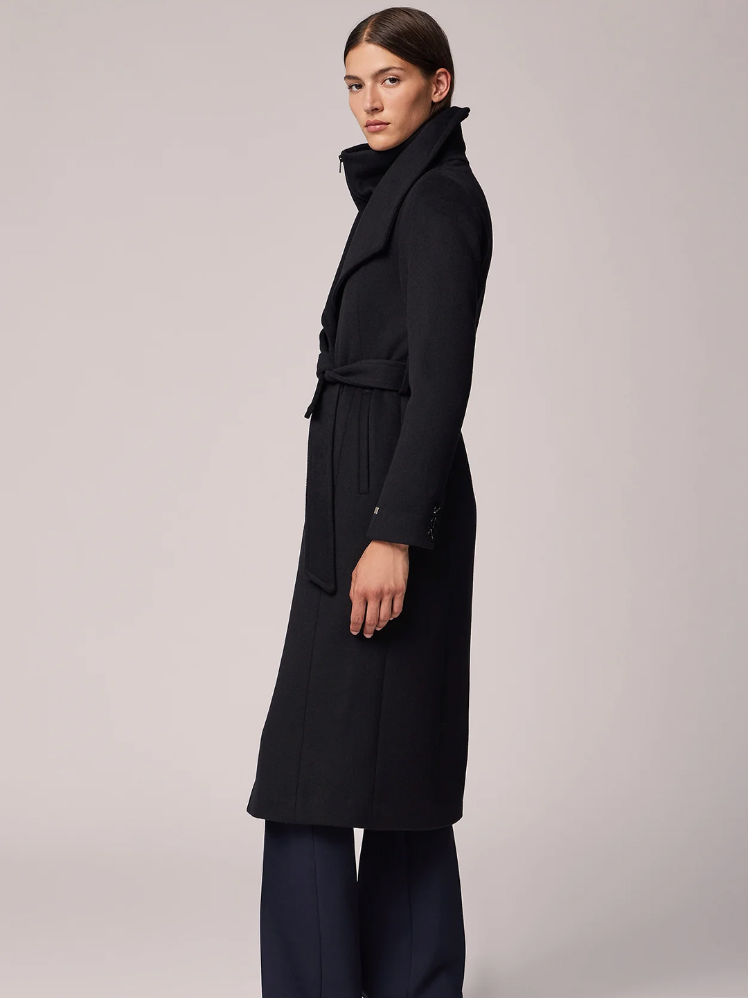 Black Ilana Lapel Collar Classic Wool Belted Coat - Stylefav