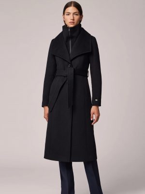 Black Ilana Lapel Collar Classic Wool Belted Coat - Stylefav