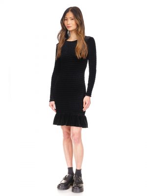 Velvet Smock Rufle Trim Dress - Stylefav
