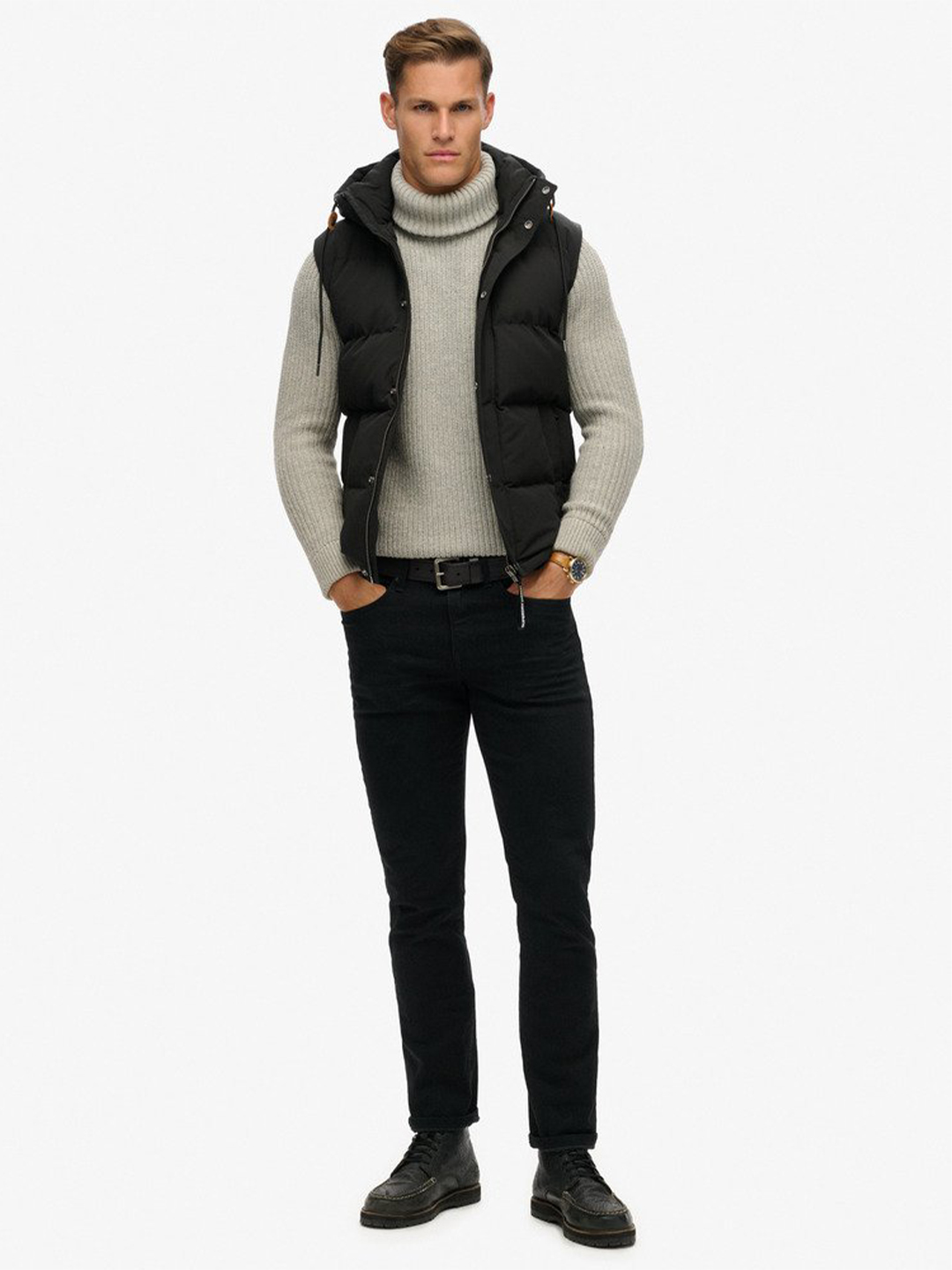 Jet Black Everest Hooded Puffer Gilet - Stylefav