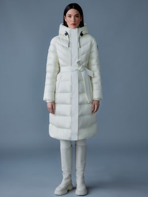 Coralia Cream Light Down Coat with Hood and Sash belt - Stylefav