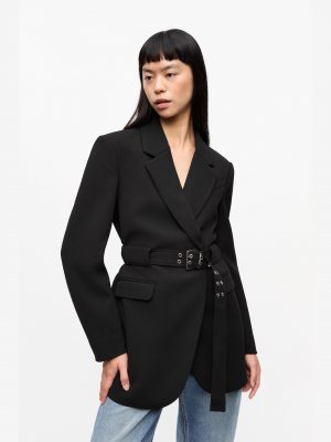 Black Bonded Crepe Belted Blazer - Stylefav