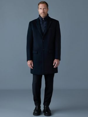 Black Skai double-face wool 3-in-1 top coat with removable down liner - Stylefav