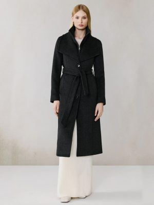 Black Heather Ilana Lapel Collar Classic Wool Belted Coat - Stylefav